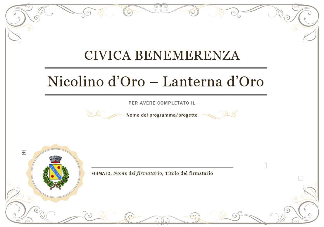 NICOLINO D'ORO e LANTERNA D'ORO - Avviso pubblico per conferimento Civica Benemerenza