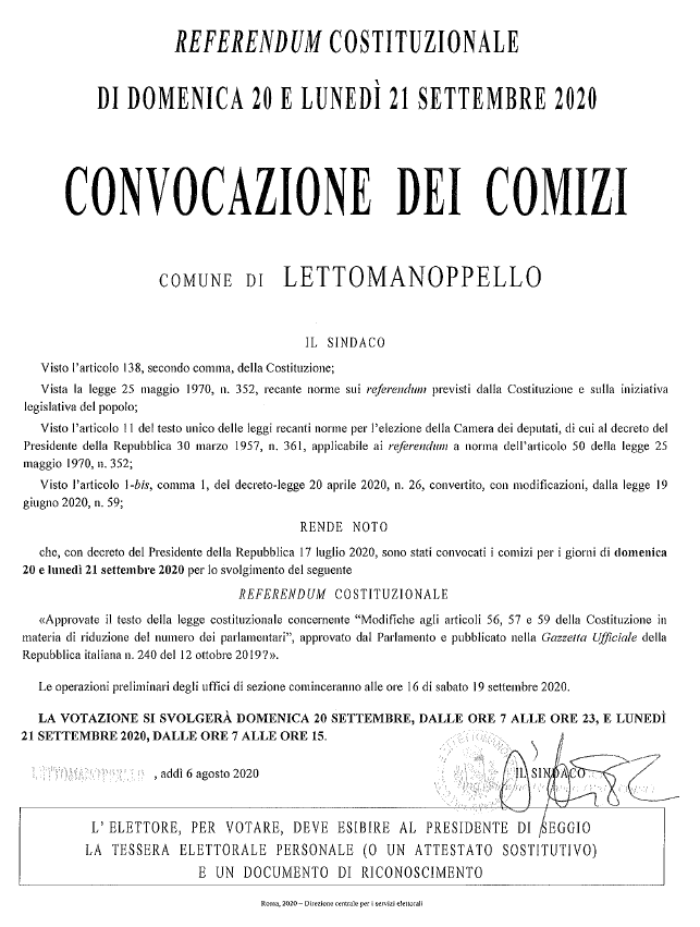 Convocazione Comizi  Referendum costituzionale Domenica 20 e Lunedì 21 Settembre 2020